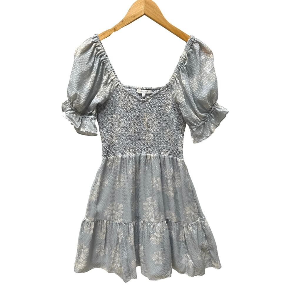 MADEWELL NWT Silk Lucie Smocked Mini Dress In Moody Blooms Blue XS